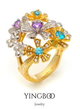 YINGBOO S925银 原创设计 花团锦簇蜜蜂花瓣彩钻戒指指环 套装女