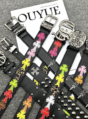 CH克罗圣剑皮带男滚轮镂空常青款藤蔓女士腰带明星同款打孔复古