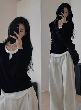 设计不规则黑色假两件v领显瘦打底衫女2025秋冬新款长袖百搭上衣