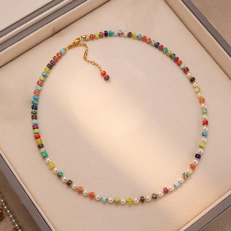 天然石彩色串珠项链气质网红多巴胺施家珍珠混色天然石时尚锁骨链