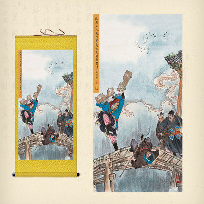 梁山好汉人物丝绸卷轴画武松威震平安寨花和尚单打二龙山装饰画