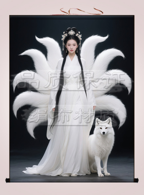 男女九尾狐画像挂画东北堂口灵狐卷轴画家用招财九姑娘装饰画定制