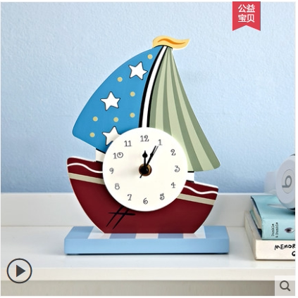 帆船卡通装饰品家居小摆件儿童钟表静音创意桌面可爱摆钟
