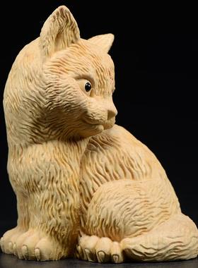 小叶黄杨木雕猫摆件实木头雕刻发财猫手把件车内饰品红木工艺礼品