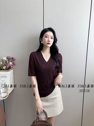 JLZX 3033春夏季新款百搭烫钻双层弹力网纱中袖V领女打底衫