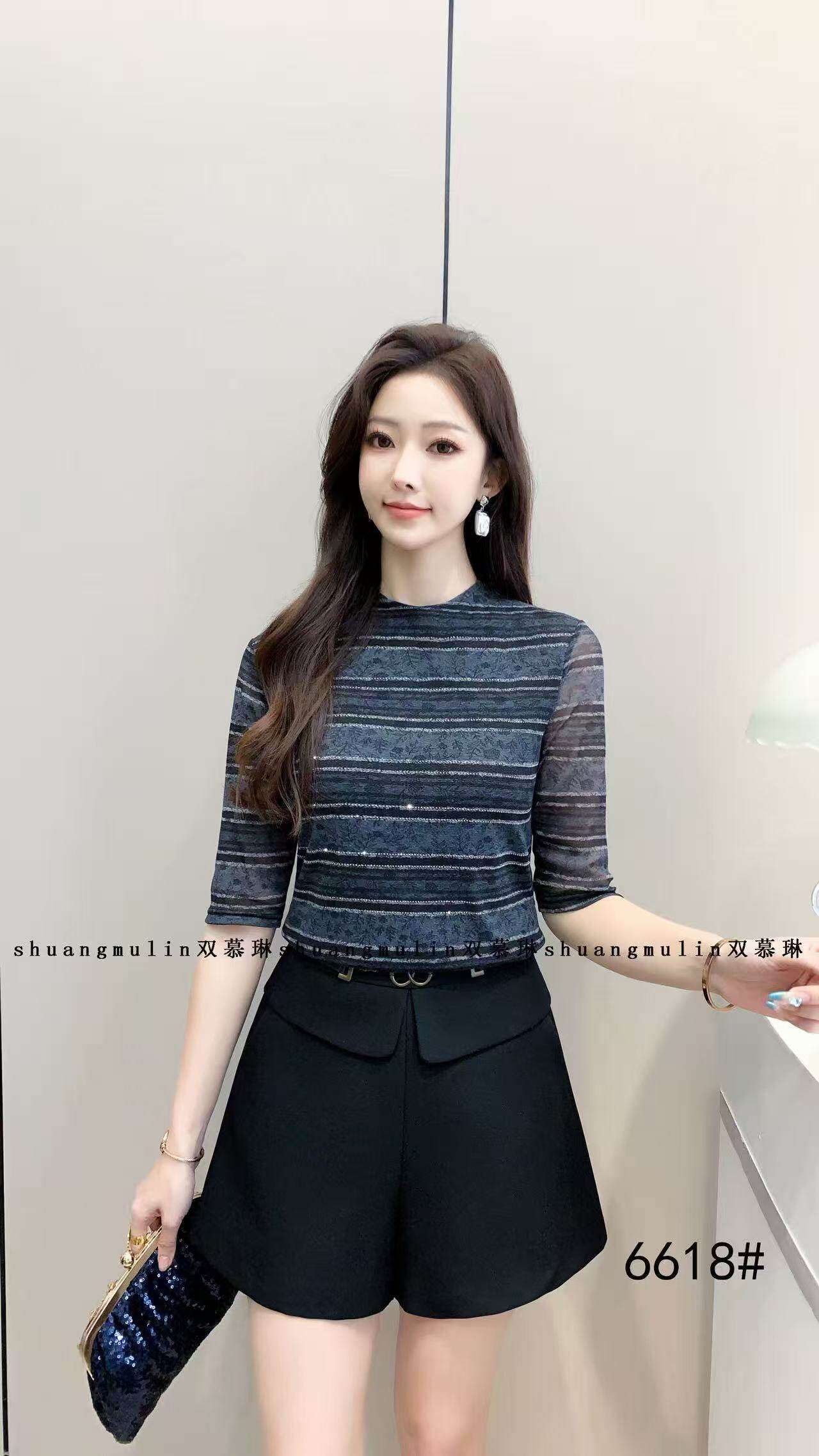 SML 6606 6609 春夏季百搭烫钻双层弹力网纱中袖圆领女打底衫