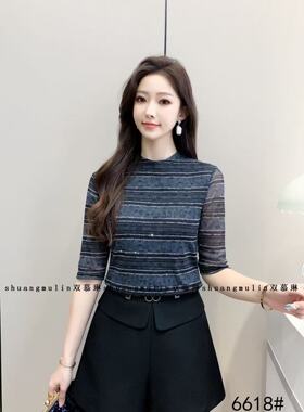 SML 6606 6609 6618春夏季百搭烫钻双层弹力网纱中袖圆领女打底衫