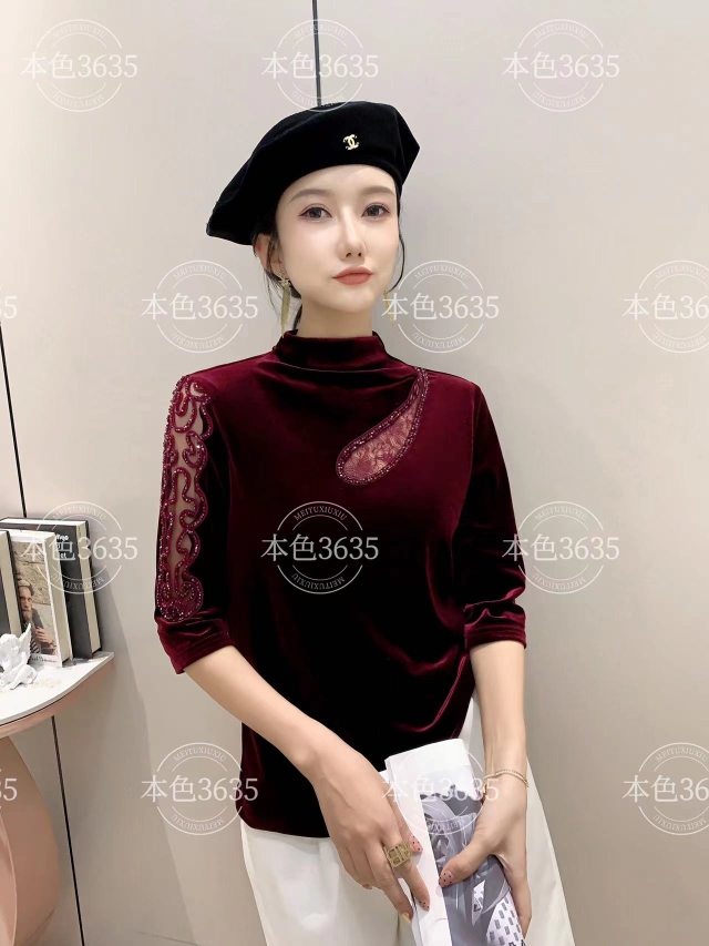 本色服饰3635秋冬季款轻奢金丝绒半高领七分袖时尚百搭打底短女衫