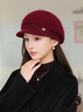 秋冬毛绒针织贝雷帽女短檐画家帽保暖显脸小气质百搭大头围帽子