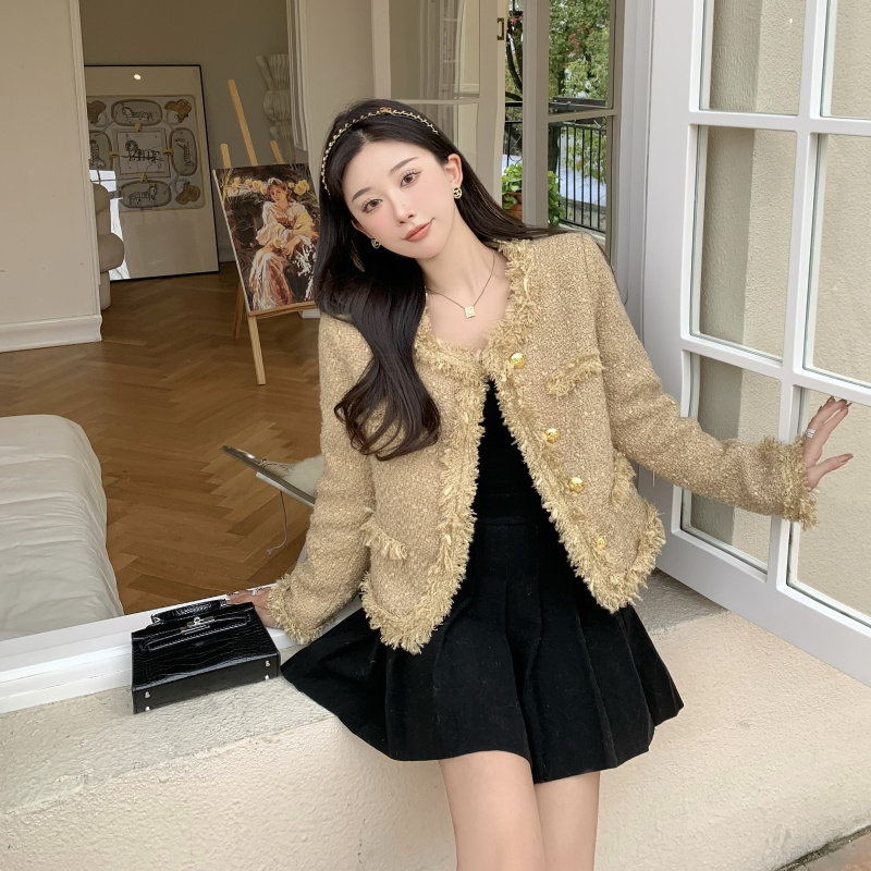 小香风粗花呢短外套女秋冬加棉韩版气质开衫119元