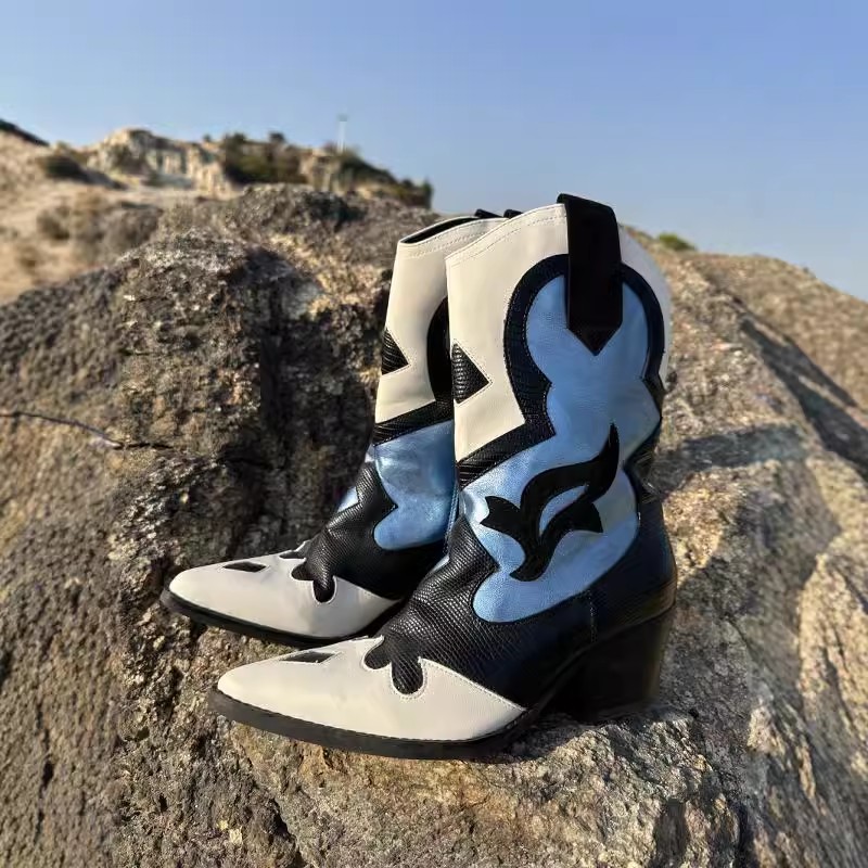 欧美女靴子秋冬新款方头粗跟拼接色时尚西部牛仔靴 女短靴