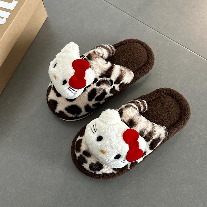 哈喽kitty拖鞋豹纹毛绒室内加绒加厚冬季防滑保暖软底棉拖鞋可爱