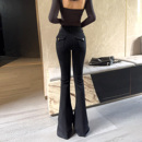 女秋冬口袋提臀显瘦显腿长弹力长裤 杨杨 黑色紧身微喇叭牛仔裤