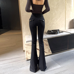 女秋冬口袋提臀显瘦显腿长弹力长裤 杨杨 黑色紧身微喇叭牛仔裤