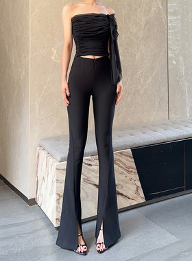 杨杨 黑色斜开叉西装微喇叭休闲裤女秋冬显瘦显腿长弹力休闲长裤