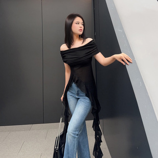 杨杨 黑色不规则飘带一字肩长袖T恤女春夏薄款修身显瘦飘逸上衣