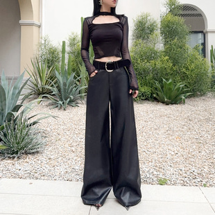 休闲拖地长裤 杨杨 宽松垂感PU皮阔腿裤 女秋季 黑色腰带直筒皮裤