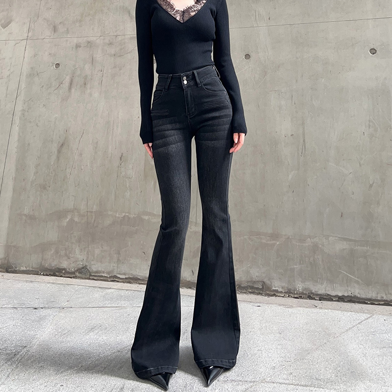 两粒扣牛仔喇叭裤春季提臀长裤