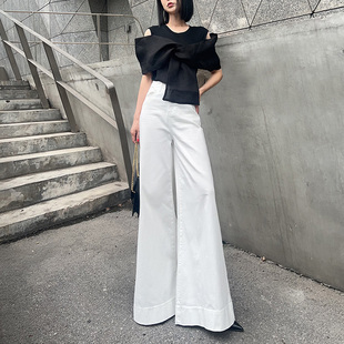 脚休闲长裤 杨杨 高腰遮肉宽边喇叭大裤 女春季 纯白色阔腿牛仔裤