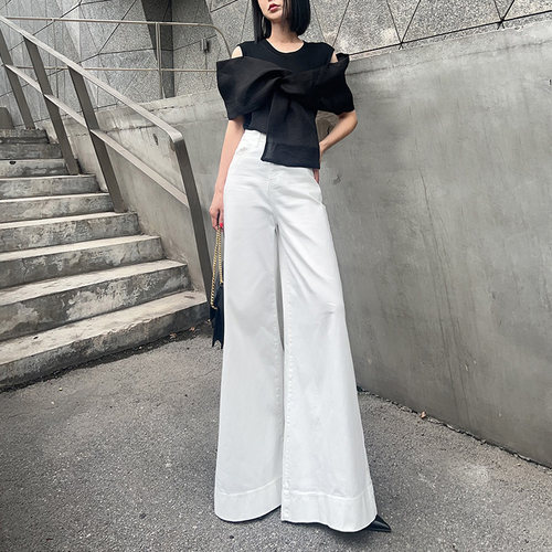 杨杨 纯白色阔腿牛仔裤女春季高腰遮肉宽边喇叭大裤脚休闲长裤