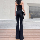 后口袋褶皱弹力提臀长裤 女春秋款 黑色紧身微喇叭牛仔裤 杨杨