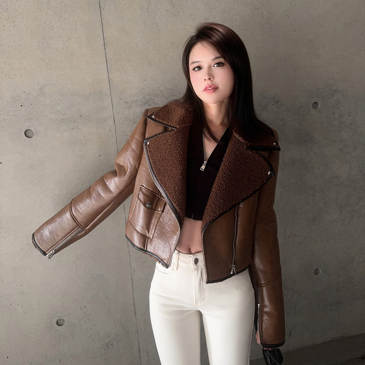 杨杨 复古咖色皮毛一体外套女翻领仿羊羔毛皮衣拉链短款机车服,女装/女士精品,皮衣,淘宝优惠券,粉丝福利购,淘宝优惠卷