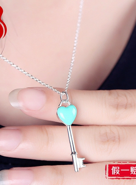 s925纯银项链女钥匙蓝色珐琅滴胶