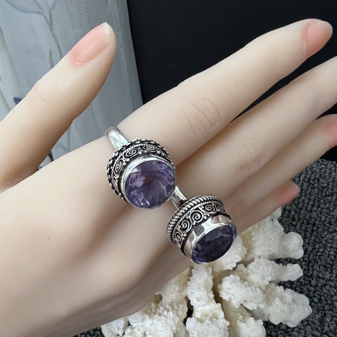 NEPAL HANDMADE INLAY NATURAL LAVENDER AMETHYST SILVER PENDANT RING SILVER BRACELET