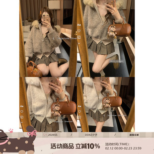 DDXZ夕子时尚松弛感纯色拉链针织开衫连帽大毛领短款保暖毛衣外套