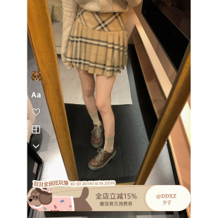 DDXZ夕子 防走光显瘦百搭复古半身短裙女 格纹百褶裙学院风韩版