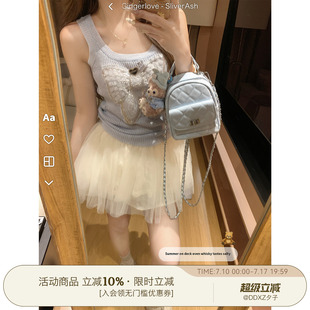 DDXZ夕子甜美减龄风蝴蝶结珍珠针织背心设计感薄款修身外穿吊带女