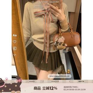 DDXZ夕子韩系氛围感蝴蝶结系带套头毛衣时尚格子拼接翻领针织衫女