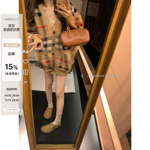 DDXZ夕子 美式复古卡其棕针织开衫慵懒设计感宽松格子V领毛衣外套