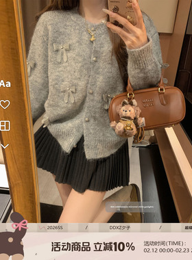 DDXZ夕子温柔甜美风纯色单排扣开衫外套蕾丝蝴蝶结休闲针织毛衣女