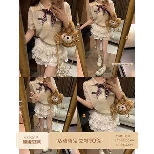针织短袖 DDXZ夕子韩系学院风POLO领上衣配波点丝巾杏色薄款 T恤女