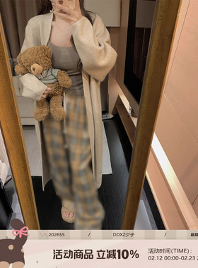 DDXZ夕子 韩系格子裤慵懒宽松显瘦格纹阔腿裤休闲杏色拖地休闲裤