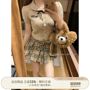 DDXZ夕子 娃娃领蝴蝶结镂空针织短袖开衫优雅千金风百搭短款上衣