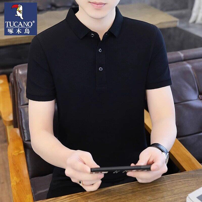 啄木鸟男士短袖t恤纯棉冰丝翻领商务休闲高端男款polo衫2026黑色