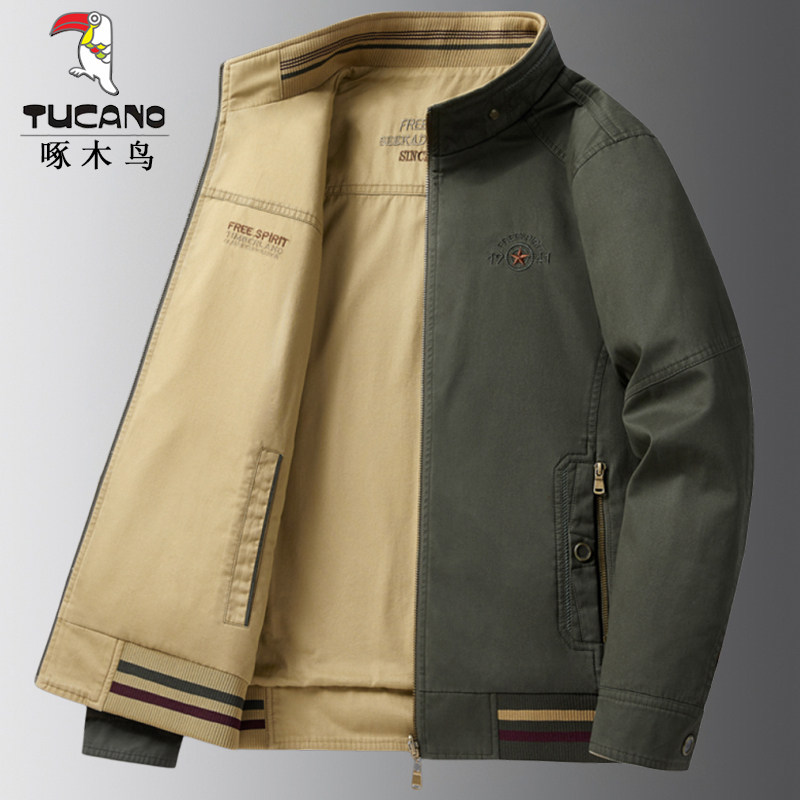 啄木鸟水洗纯棉夹克男士春秋季两面穿外套男中年爸爸装茄克衫男