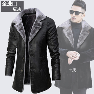 海宁欧美皮衣男冬季加绒加厚皮大衣男中长款皮毛一体男外套皮夹克
