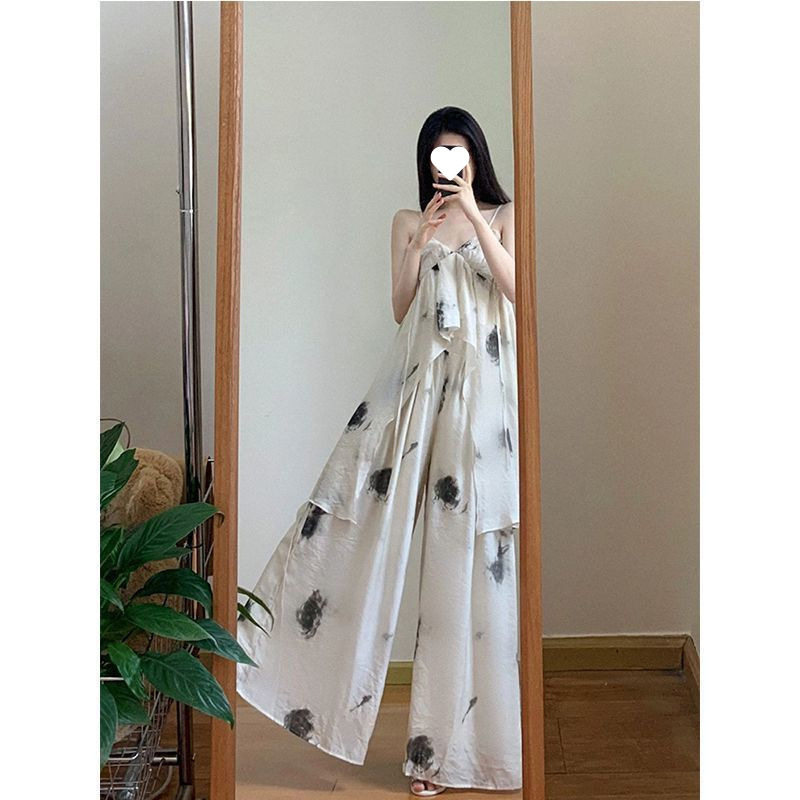 高级感水墨印花无袖吊带上衣女夏季小众气质高腰宽松长裙裤两件套