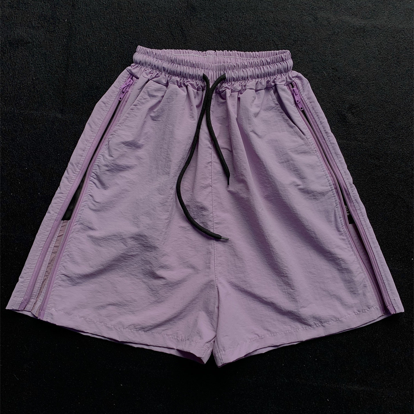 高级感侧边拉链超薄速干短裤男夏季宽松直筒运动休闲紫色五分裤女
