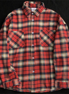 新款复古格纹长袖衬衫红色格子衬衣女情侣薄款外套男装休闲上衣秋