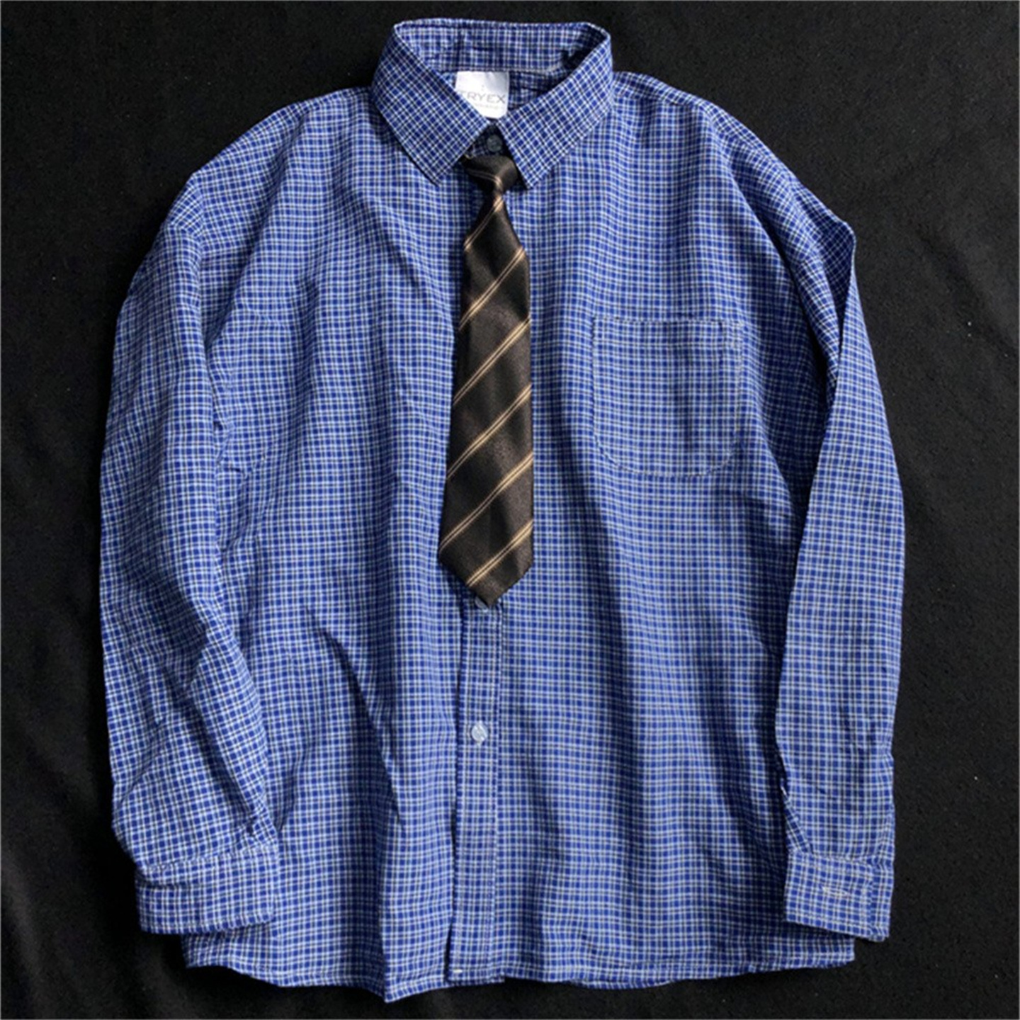 蓝色细格子衬衫男秋季日系长袖衬衣男女高级感格子衬衫送领带上衣