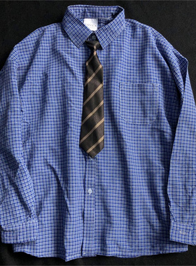 蓝色细格子衬衫男秋季日系长袖衬衣男女高级感格子衬衫送领带上衣