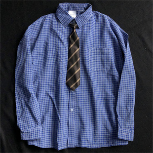衬衣男女高级感格子衬衫 日系长袖 送领带上衣 男秋季 蓝色细格子衬衫