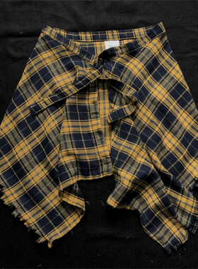 流苏毛边须边屁帘潮牌街头嘻哈跳舞黄色格子系带下摆叠穿腰封男女