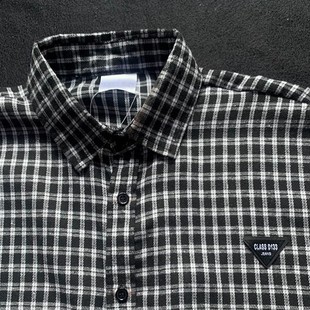 老钱风新款衬衣男士衬衫黑格子衬衫男宽松休闲黑白小格子长袖上衣