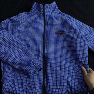新款高级感气质夹克外套男款立领格纹拉链时尚百搭宽松蓝色外套男