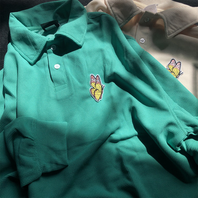 秋季新款蝴蝶刺绣长袖Polo衫男时尚休闲翻领T恤男生绿色清新上衣